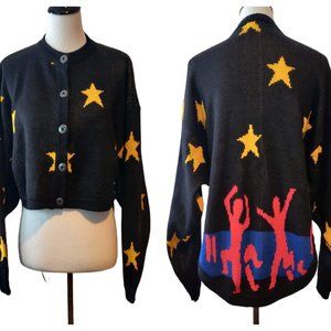 Vintage Creative Force Womens Black Stars Dancing People Hi-Lo Button Cardigan S